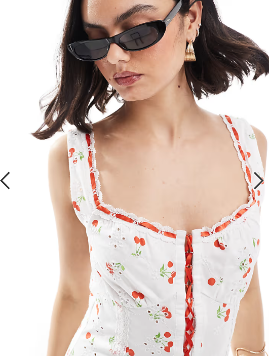 ASOS DESIGN cami strap with corset bodice with ribbon detail broderie mini dress in cherry print