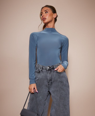 Moss Grey Slinky High Neck Open Back Long Sleeve Bodysuit