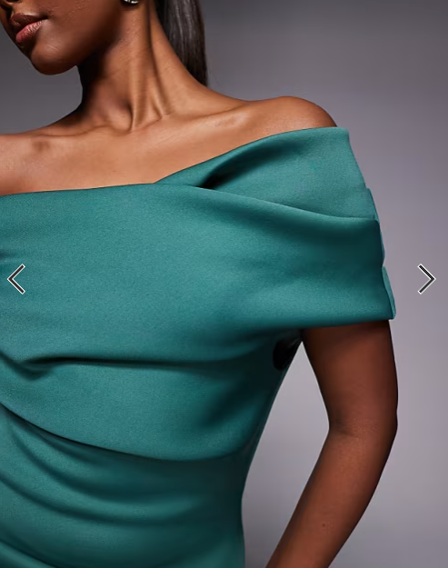 ASOS DESIGN ruched bardot midi dress in teal scuba-style fabric