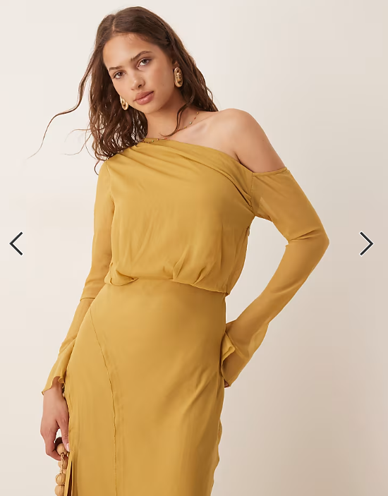 ASOS DESIGN fallen shoulder midi dress with seaming details and tie belt in mustard gold