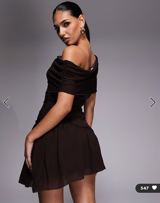 Fashionkilla exclusive chiffon off shoulder asymmetric hem gathered mini dress in chocolate