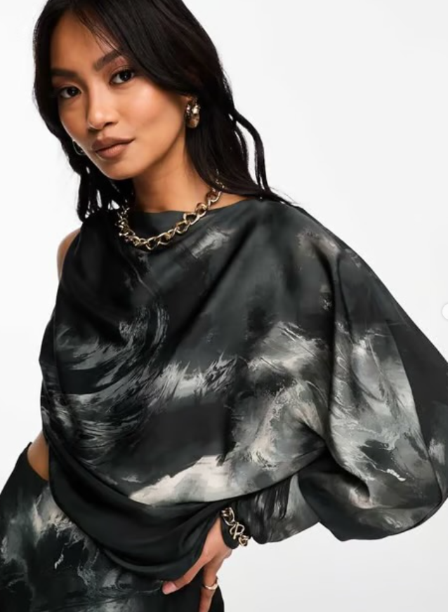 ASOS DESIGN satin draped one shoulder maxi dress with chiffon bias skirt in mono blurred print-Multi