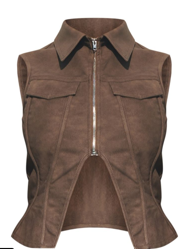 Brown Acid Wash Pu Zip Front Sleeveless Waistcoat