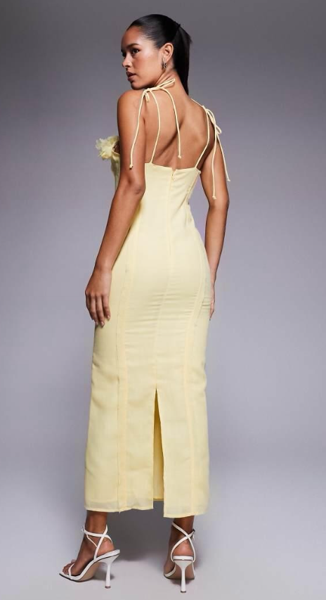 ASOS 3D Floral Bust Corset Linen Look Midi Dress in Yellow