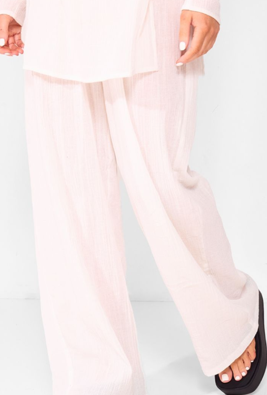 Cream Cheesecloth Textured Wide Leg Trousers