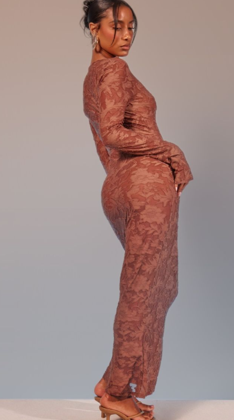 Mocha Floral Sheer Burnout Long Sleeve Maxi Dress