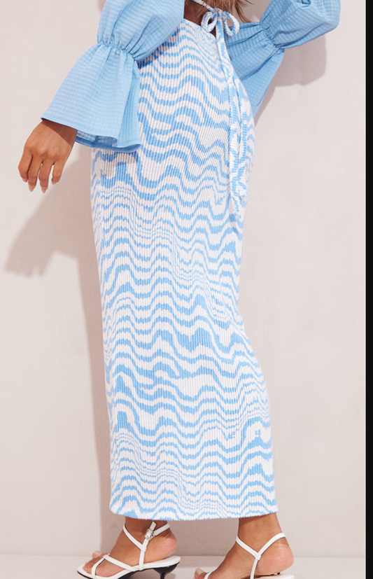 Cornflower Blue Swirl Printed Rib Midi Skirt