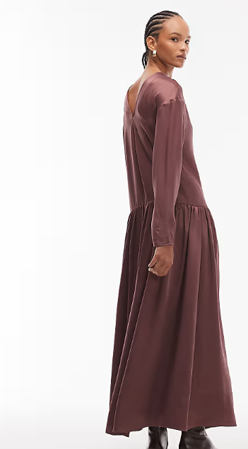 ASOS DESIGN dropped waist maxi smock dress in deep burgundy
