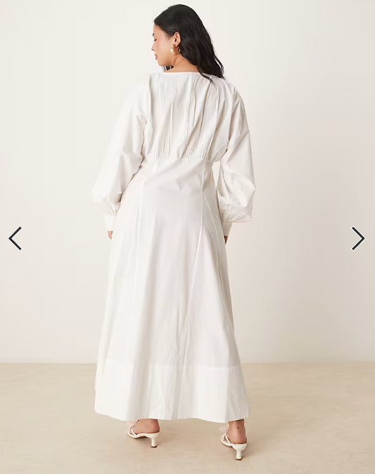 ASOS DESIGN Curve long sleeve v neck poplin maxi dress in white