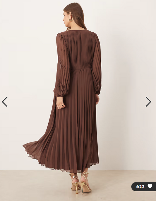 ASOS DESIGN twist detail wrap front pleated midi dress in chocolate