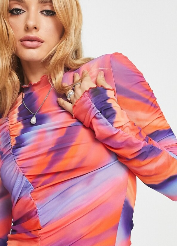 Envii long sleeve mesh midi dress in bright marble print