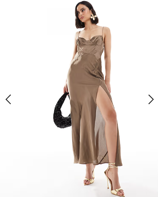 ASOS DESIGN satin corset detail pin tuck bias maxi dress in mink