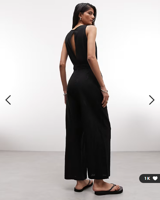 Monki linen sleeveless wide leg jumpsuit with tie belt detail in black