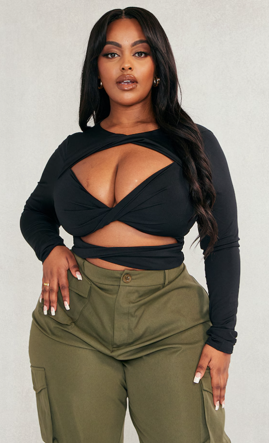 Plus Black Slinky Cut Out Longsleeve Bodysuit