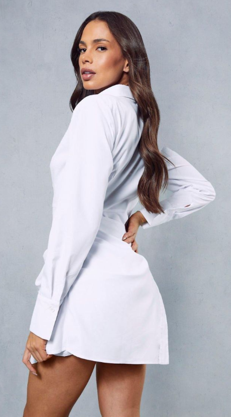 Poplin Wrap Skirt Shoulder Pad Long Sleeve Shirt Dress