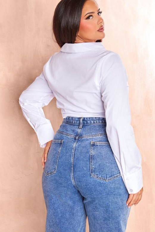 Plus White Gathered Tie Detail Long Sleeve Cropped Shirt