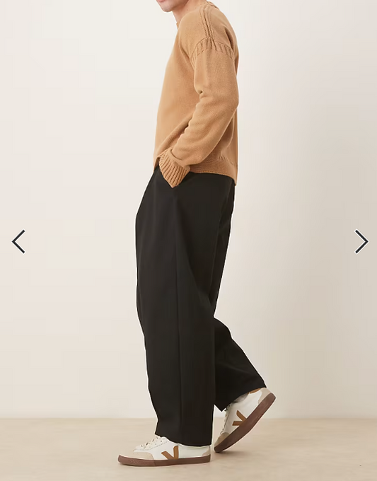 ASOS DESIGN smart 100% cotton plated wide barrel leg trousers in black