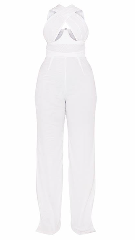 Shape cream mesh wrap neck tie detail wide leg jumpsuit