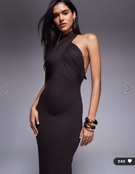 ASOS DESIGN wrap front halterneck midi dress with open back in chocolate