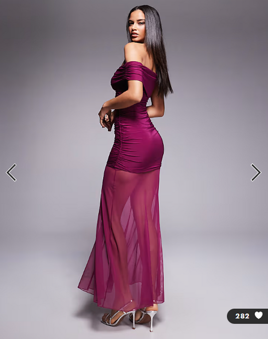 Kaiia exclusive double layered slinky asymmetric one shoulder sheer hem maxi dress in raspberry