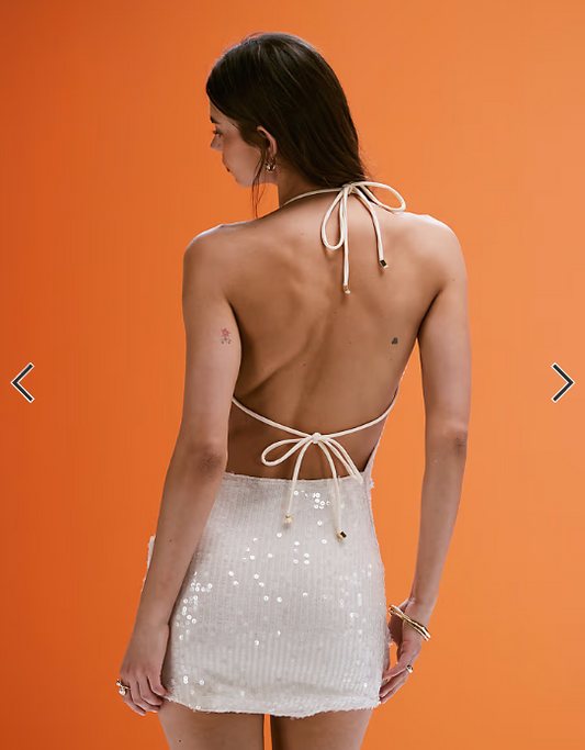 South Beach silver sequin mini beach dress in cream