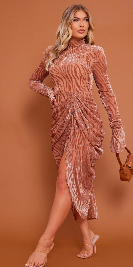 Mocha Zebra Devore High Neck Draped Midi Dress