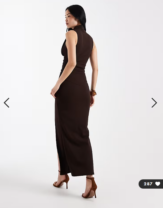 ASOS DESIGN ruched bodice maxi dress with grown on neck in chocolate