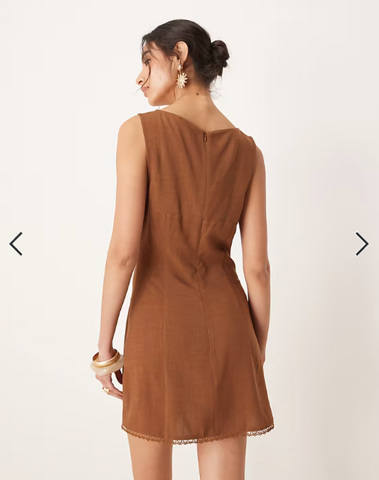 ASOS DESIGN ruched bust with lace trim mini dress in chocolate