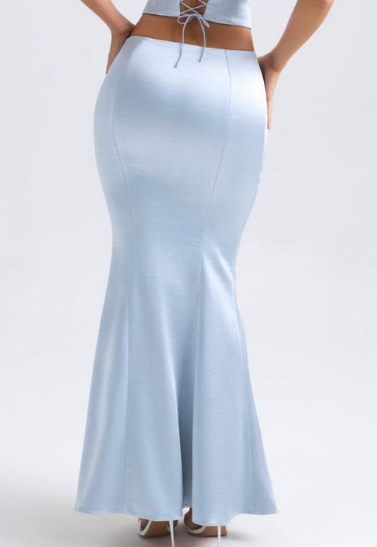OhPolly-Mid-Rise Fishtail Maxi Skirt in Light Blue