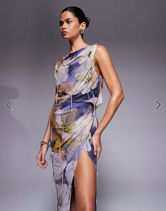 ASOS DESIGN slash neck chiffon midi dress with chain diamante embellishment in dark floral print