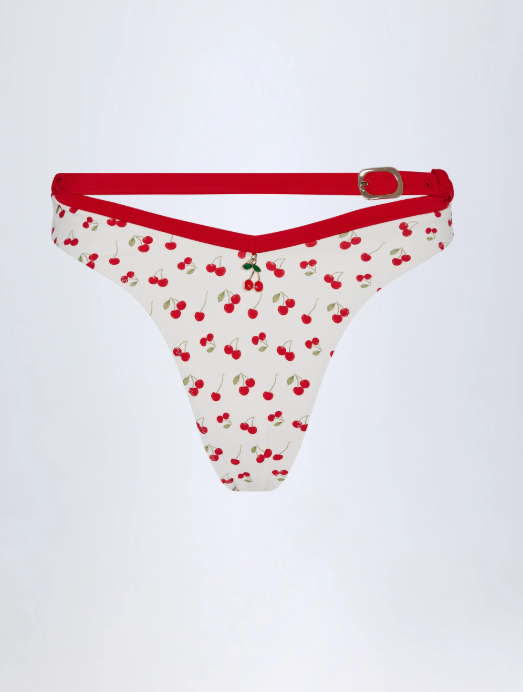 OH POLLY SWIM Contrast Belted Thong Bikini Bottoms in Cherry Print