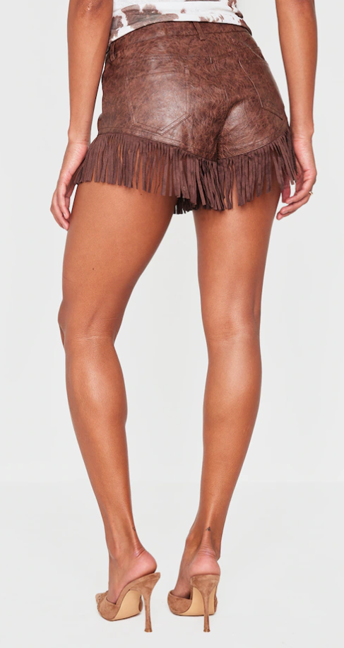 Chocolate Cracked Faux Leather Fringe Hem Hot Pants