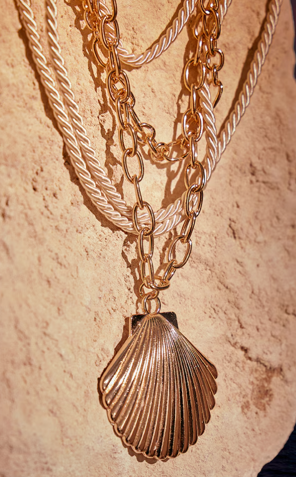 Gold Rope & Chain Shell Detail Statement Necklace
