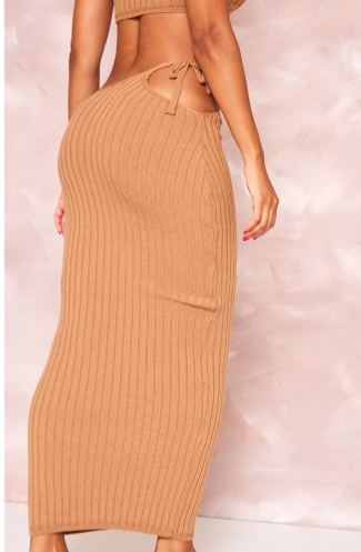 Tan Wide Rib Knitted Maxi Skirt
