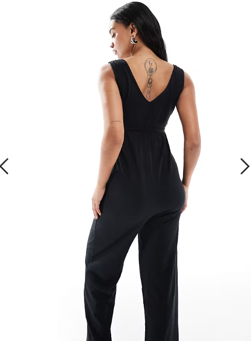 Mamalicious Maternity v neck tie waist jersey wide leg jumpsuit in black