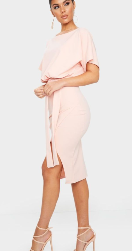 Nude Wrap Front Kimono Sleeve Midi Dress