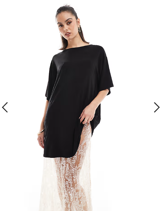 ASOS DESIGN 2 in 1 black t-shirt dress with sequin midi skirt