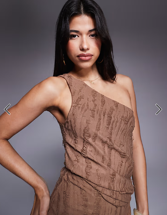 ASOS DESIGN draped one shoulder maxi dress with ladder fabric in chocolate