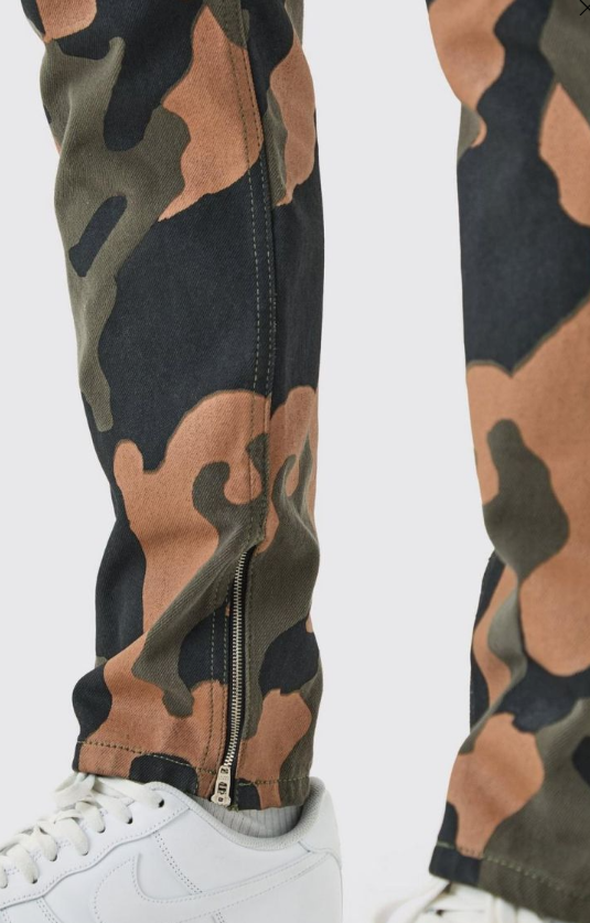 BoohooMAN Slim Rigid Camo Zip Hem Jeans - brown