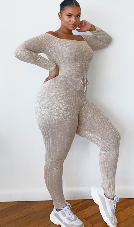 Plus Oatmeal Rib Knitted Bardot Jumpsuit