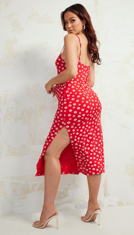 Maternity Red Floral Print Split Cami Midi Dress