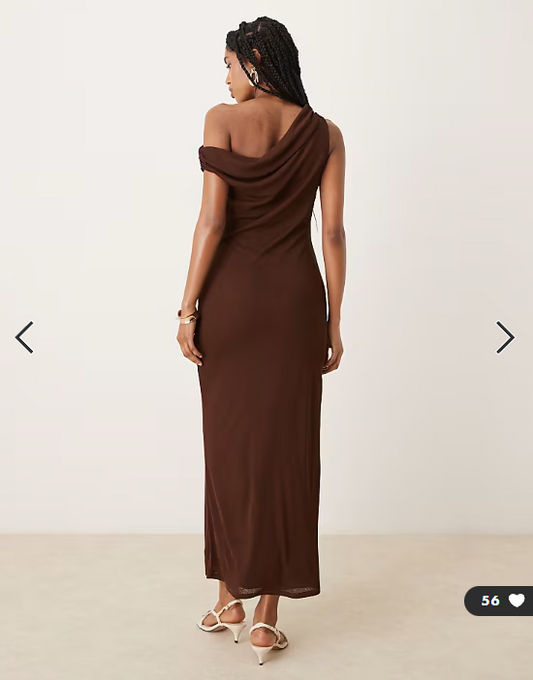 ASOS DESIGN onion skin fallen shoulder tie wrap midi dress in chocolate