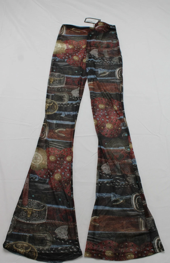 Multi Mesh Belt Print Flare Trousers