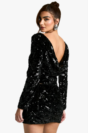 Velvet Sequin Scoop Back Long Sleeve Top |