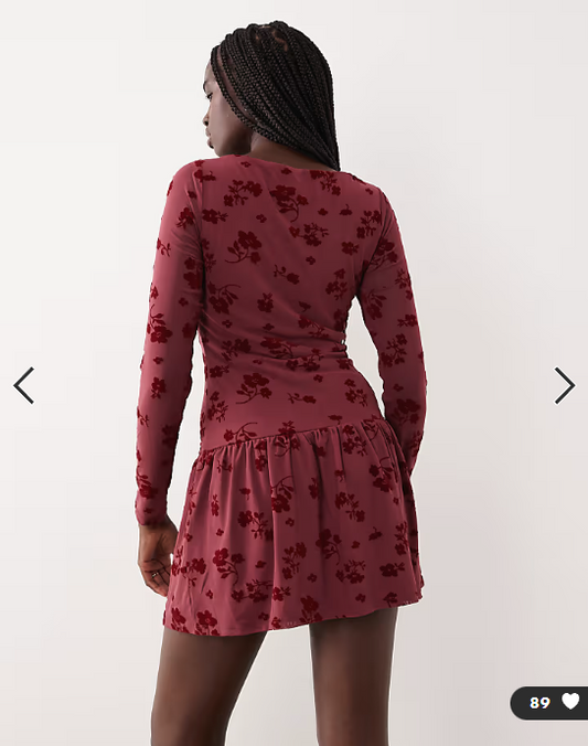 ASOS DESIGN floral flocked dropped hem mesh mini dress in burgundy
