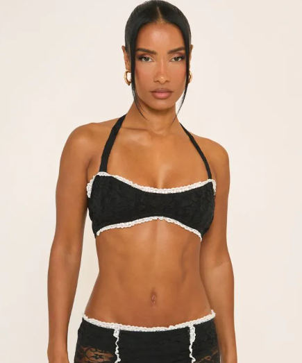 Low Waist Contrast Frill Trim Maxi Skirt In Black Lace