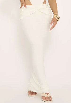 Mid Rise Ruched Waist Detail Maxi Skirt In Cream