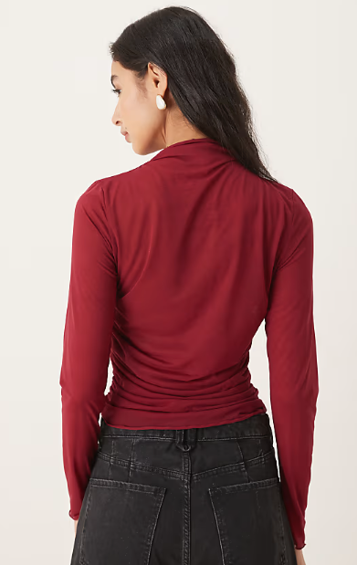 ASOS DESIGN high neck mesh semi sheer long sleeve top in red
