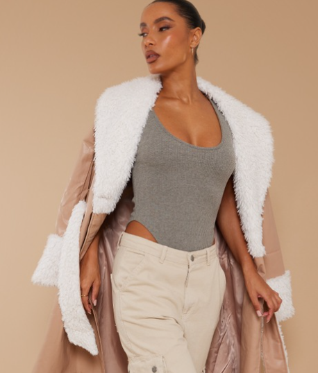 Khaki Marl Rib Scoop Neck Bodysuit