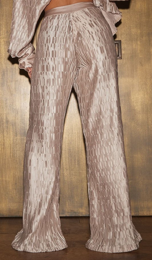 Oatmeal Plisse Wide Leg Trousers